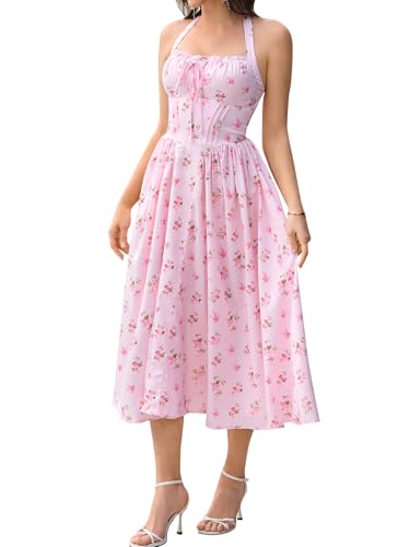KUTUMAI Summer Floral Corset Midi Dress Halter Smocked Sundress Flowy A Line Beach Wedding Guest Dresses for Women 2025
