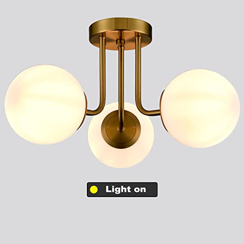 Shawnkey Modern Brass Gold 3-Light Ceiling Light With Globe White Glass Shade Semi Flush Mount Ceiling Light For Living Room Hallway Sputnik Chandelier Lighting Fixture #TOP7