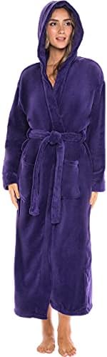 Alexander Del Rossa Women’s Robe, Plush Fleece Hooded Bathrobe with Two Large Front Pockets and Tie Closure, Purple, Small-Medium