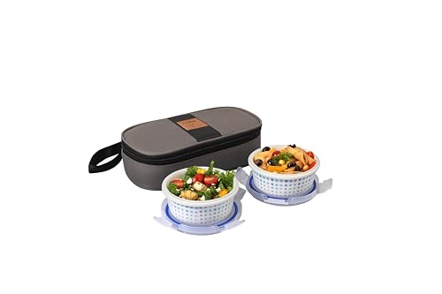 Image of CELLO Opalware Cool Dots Lunch Box with Jacket | Leak-Proof & Thermal Resistant | Microwave Safe & Dishwasher Safe | 2 Container with Lid 300ml Each | Set of 2