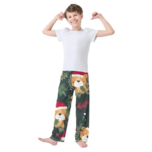 Xmas Tiger Pine Branches Boys Long Pants Soft Trousers Elastic Waist Kids Lounge Bottoms with Pockets S-XL3