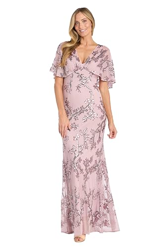 Image of R&M Richards Women's Long Beaded Floral Gown W /Sheer Capelet & Flutter Sleeves - Cocktail Party Evening Style
