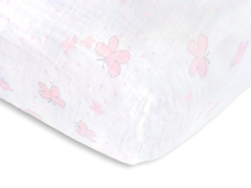 Image of SwaddleDesigns Softest Cotton Muslin Fitted Crib Sheet, Toddler Sheet for Boys & Girls, Fits Standard Crib Mattress (28 x 52 inches), Pink Butterflies