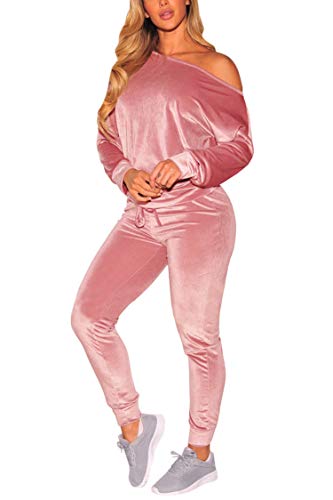 Selowin Women's Stylish Velvet Off Shoulder Long Pant Tracksuit Sport Sweat Suit Set