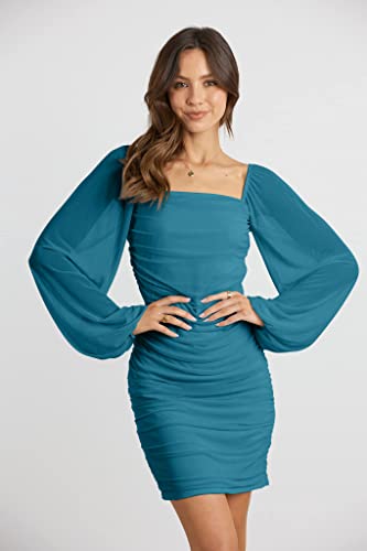 Image of MASCOMODA Women Elegant Square Neck Lantern Long Sleeve Mini Ruched Bodycon Dress Stretch Mesh Slim Party Cocktail Dresses