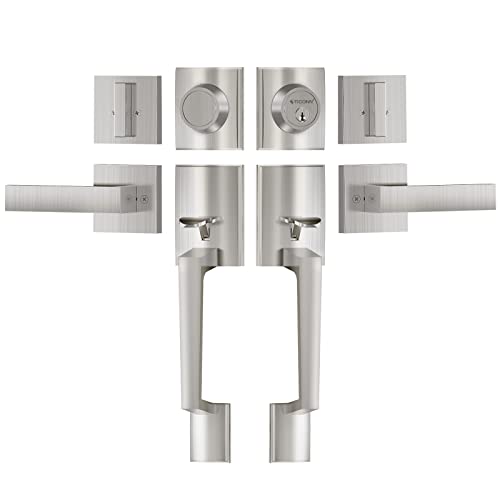 Image of TICONN Double Front Door Handle Set, Heavy Duty Square Door Lever and Single Cylinder Deadbolt Combo for Side by Side Entrance Exterior Doors (Satin Nickel)