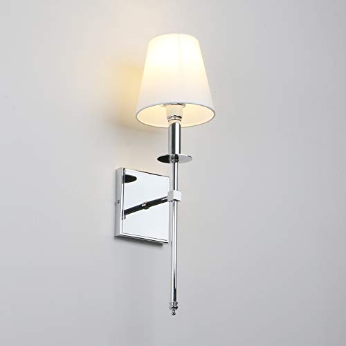Permo Set Of 2 Classic Rustic Industrial Wall Sconce Lighting Fixture With Flared White Textile Lamp Shade And Chrome Tapered Column Stand #TOP3