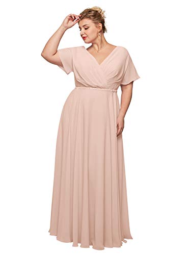ALICEPUB Wrap V-Neck Pearl Pink Bridesmaid Dresses Chiffon Long Maxi Formal Dress for Women Party Evening Short Sleeves, US16