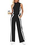 Casly Lamiit 2-teiliges Lounge-Set für Damen, gestreift, Reise-Outfits, Sweatanzug, Stehkragen, Tank-Top, weite Beinhose, Freizeit-Sportbekleidung, Schwarz, S