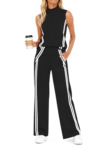 Casly Lamiit 2 Piece Lounge Set Women Travel Outfits Casual Tracksuit Jogging Sweat Activewear Mock Neck Sleeveless Top Long Pants Black XL