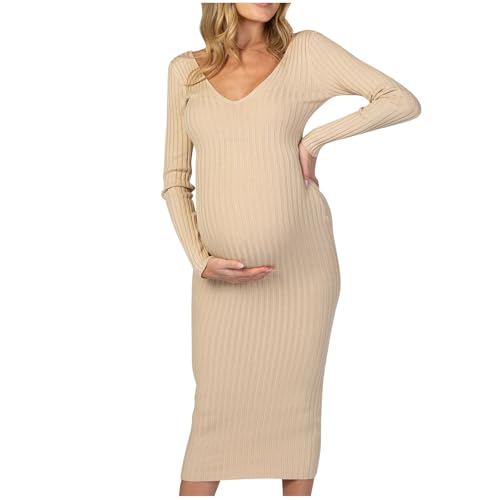 Vestido de Maternidad Mujeres Jersey Manga Larga Tejido de Punto Embarazadas Ropa Fruncida para Embarazadas Casual Color sólido Cuello en V Primavera Otoño Vestido Largo premamá Vestidos Cálido