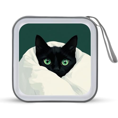 Black Cat Green Eyes Under White Blanket CD Case DVD Storage Case Portable