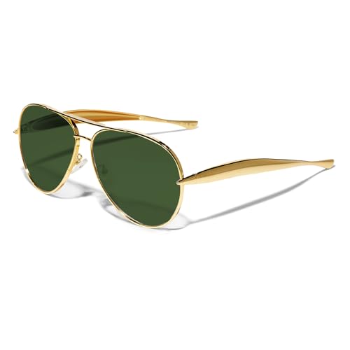 GUVIVI Retro Gold Aviator Sunglasses for Women Men, 2025 Metal Oversized 70s Aviators Green Sun Glasses