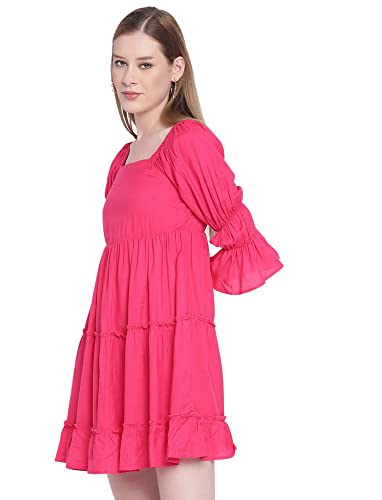 Styleville.in Square Neck Dress with Starment Sleeves, Small, Pink