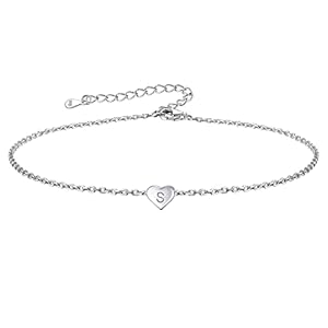 FOCALOOK Silver Ankle Bracelets for Women 925 Sterling Silver Initials Heart Anklets Summer Jewellery Solid Silver Foot Chain Anklet with Letter A-Z (Gift Box Send)