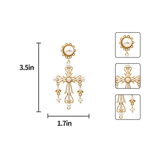 Foessd Cross Dangle Earrings Women - Baroque Vintage Pearl Chandelier Earrings Large Cross Statement Filigree Earring Gold Plated For Women Costume Jewelry Girls Birthday Graduation Christian Party Gifts… #TOP3