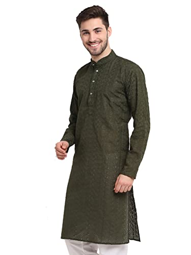 Image of Jompers Men Green Ethnic Embroidered Pure Cotton Kurtas.