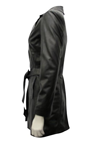 Trench pour mesdames en cuir véritable noir classique mi-long
