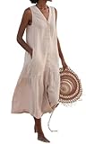 chouyatou Women's Summer Sleeveless Button Down Cotton Tank Dress Loose A-Line Tiered Tunic Beach Dress (Medium, Beige)