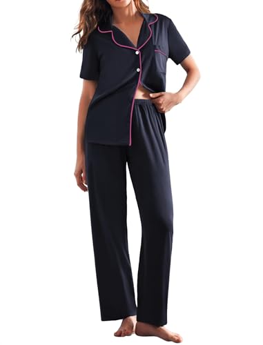 Image of Ekouaer Womens Pajamas Set Print PJs Soft Button Down Sleepwear Short Sleeve Lounge Set with Pockets