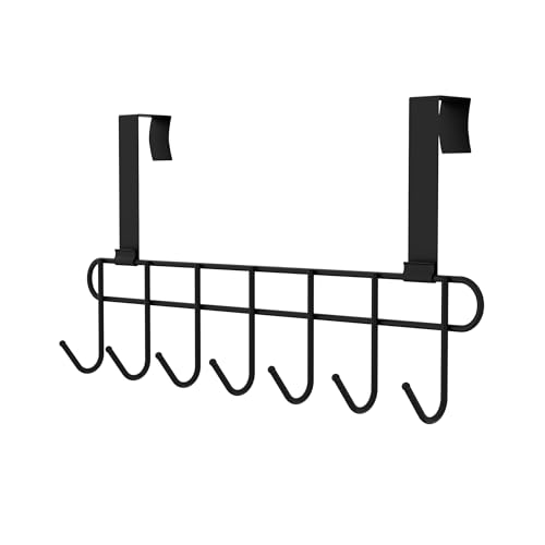 Image of Over the Door Hook Hanger Rack | Heavy Duty Multi Alloy Steel | No Drill 7 Hook Organizer | Space Saving Door Hanger for Bedroom, Bathroom, Kitchen & Home Storage - Black (Pack of 2)