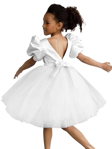 JISISANG Puff Sleeve Tulle Flower Girl Tutu Dresses for Wedding Birthday Party Satin Tulle Girl Dresses with Bow-Knot