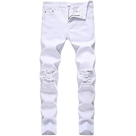 Vaquero Recto de Hombre con Agujero Roto Elásticos Slim Fit Blanco Cover