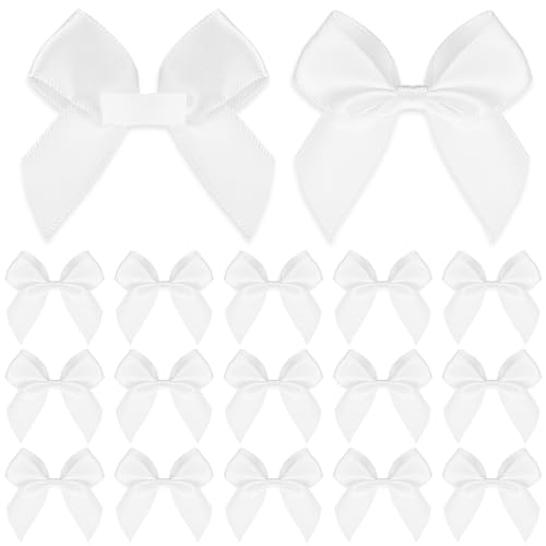 30PCS Small Bows for Crafts, Self Adhesive White Satin Bows for Gift Wrapping, 2
