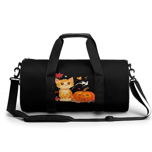 Fall Cat Maple Leaves Pumpkin Travel Duffle Bag Waterproof Sport Gym Bag Carry On Tote Bags for Men Women