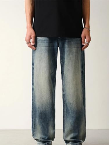 Men’S Retro Loose Straight Stretch Denim Cargo Pants Button Fly Midweight Distressed Elastic Waistband Full Length Jeans4