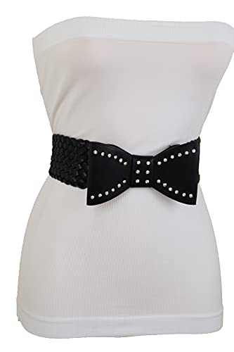 Women Fashion Black Faux Leather Elastic Waistband Belt Hip High Waist Bow Tie Elegant Buckle Size S M4