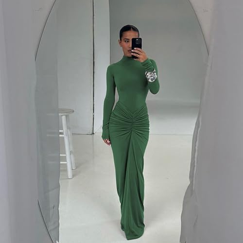 Image of Women's Sexy Turtleneck Long Sleeve Maxi Dress Elegant Ruched Bodycon Long Dress Casual Party Dresses