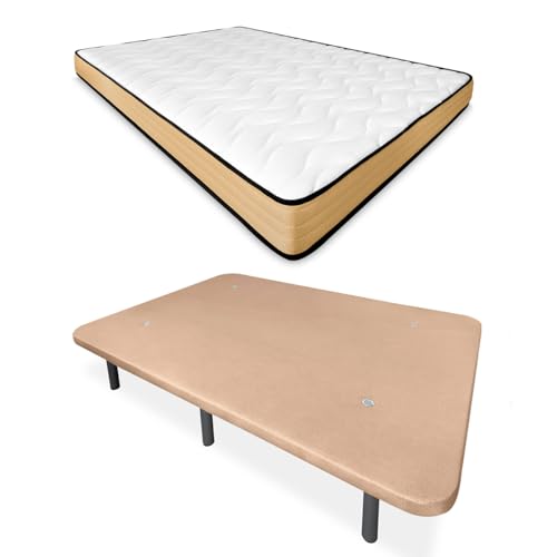 Mattfy Lit Complet avec Matelas Aura réversible + Base tapissée renforcée Beige avec 6 Pieds,...