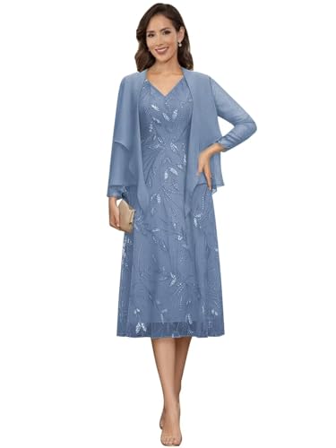 Image of 2 Pieces Mother of Bride Dresses with Jackets - Sequin Lace Chiffon A-Line Tea Length Formal Evening Dresses for Women