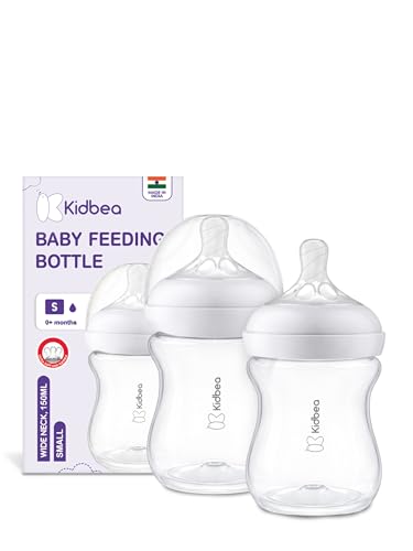 Image of Kidbea Plastic Baby Feeding Bottle 150ml, BPA Free, Wide Neck Anti Colic with Natural Breast Shaped Nipple, Leak Proof Infant Feeding Bottle (Pack of 2)