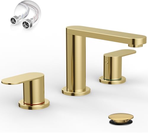 Top 10 Best Gold Bathroom Faucets for Stylish Spaces 11 BWE Brushed Gold Bathroom Faucet 3 Hole, 8 Inch Widespread Gold Bathroom Faucets with Pop-up Drain and Supply Lines, 360° Swivel Spout 2-Handle Sink Faucet for Bath Vanity