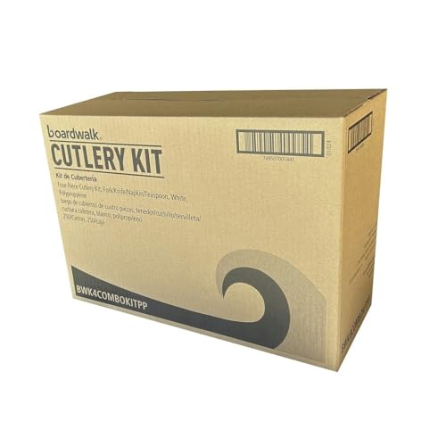 Boardwalk BWK4COMBOKITPP 4-Piece Mediumweight Polypropylene Plastic Fork/Knife/Napkin/Spoon Cutlery Kit - White (250/Carton)