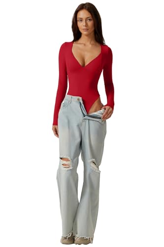 Image of QINSEN Women's Long Sleeve Bodysuit V Neck Body Suits Seamed Cup Going Out Tops Shirt