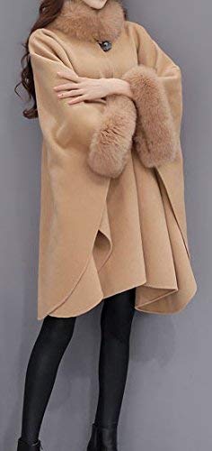 Poncho feminino de frente aberta Cicilin com camadas de acabamento de pele sintética, Camel, XL