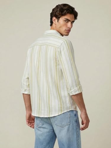 Image of Urbano Fashion Men's Cotton Full Sleeve Relaxed Fit Linen Striped Shirt with Spread Collar