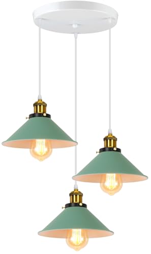 PETITES ECREVISSES Lampadario a sospensione industriale, 3 Luci Lampada da soffitto E27 Vintage Plafoniera in Metallo Ø22cm Verde Paralume per Sala Cucina Camera da Letto
