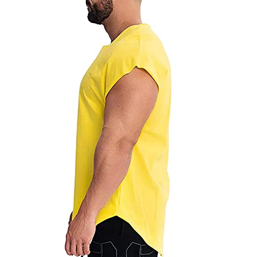 Hombres Camisetas de Cuello Manga Corta Corte Muscular Camisetas para Culturismo 100% algodón Lavado T1304 sueltoAmarillo S