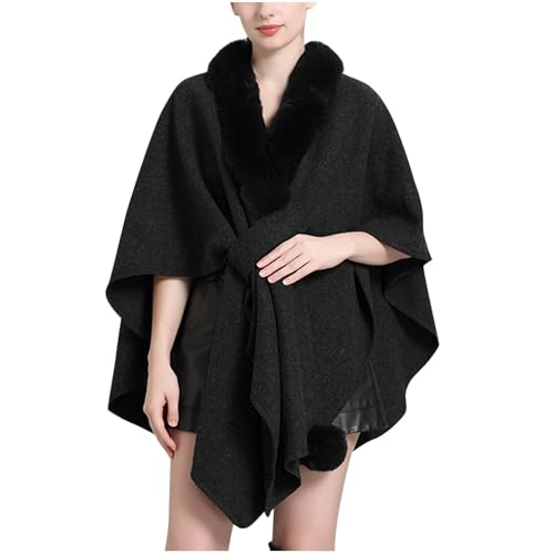 HGps8w Elegant Fur Trim Shawl Wraps for Women Cross Front Poncho Cape Fall Winter Travel Warp Scarf Cardigan Shawls Shrug