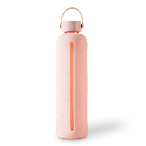 Healthish 25oz Glass Water Bottle with Time Markings – BPA-Free Borosilicate Glass with Leakproof Lid, Silicone Sleeve & Carry Handle – Reusable & Eco-Friendly Hydration Tracker