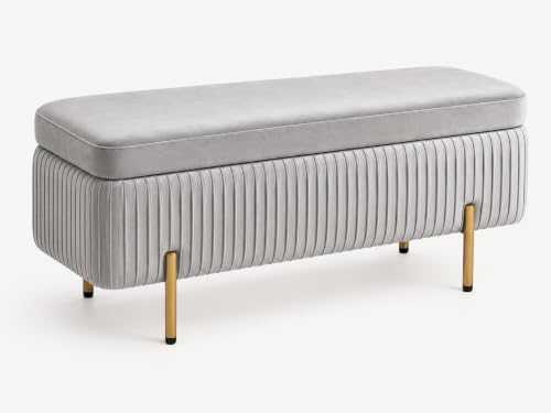 Image of LEGACY OF COMFORT Miajah Velvet Upholstered Flip Top Storage Bench 2 Seater Sofa Upholstered Ottoman Bench with Storage for Living Room, Bedroom (Silver Grey)