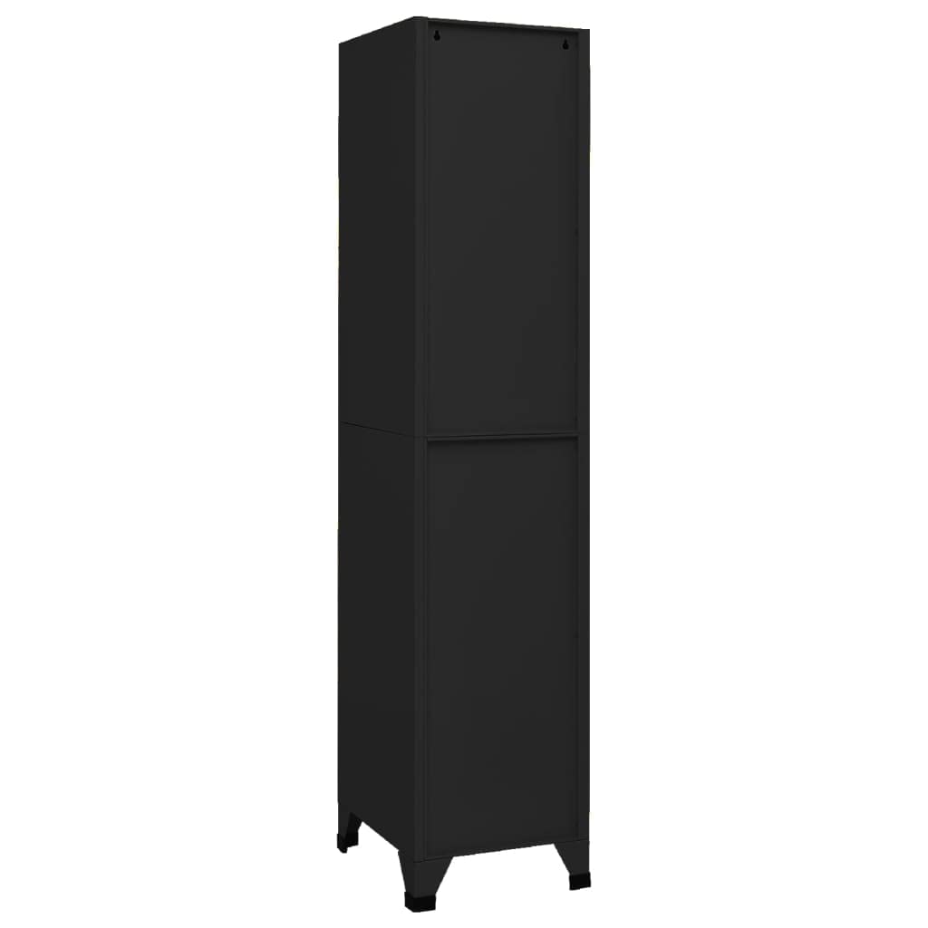 Armadietto nero in acciaio, 38 x 45 x 180 cm, con 4 ante chiudibili, fessure di ventilazione, porta targhetta per ufficio, scuola, spazio e ordine nel corridoio