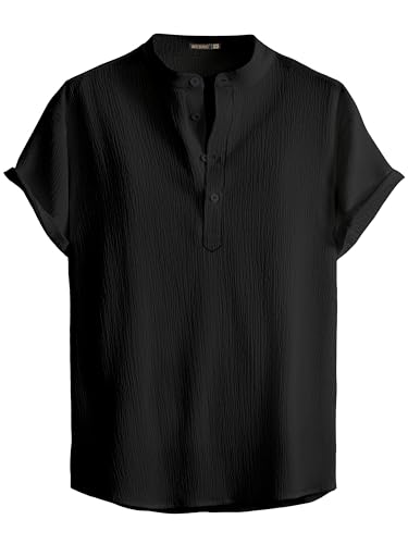 Image of Men Shirt | Black Solid Textured Casual | Regular Fit | Short Sleeve | Mandarin /Chinese Collar | Cotton Fabric | Stylish Office Summer Wear Shirt for Men