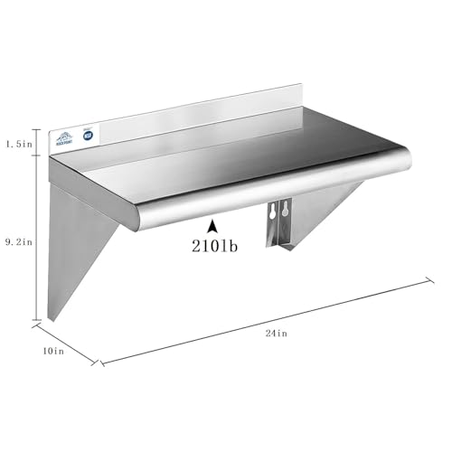 Image of ROCKPOINT Stainless Steel Shelf 10 x 24 Inches 210lb, NSF Metal Commercial Shelves Wall Mount Floating Shelving with Backsplash for Restaurant, Kitchen, Home and Hotel, Silver