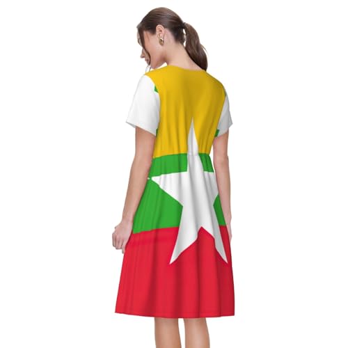 Robe midi d'été trapèze EdWal col rond imprimé drapeau du Myanmar