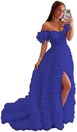 QQcute Off Shoulder Feather Royal Blue Prom Dress Ruffles Tulle Ball Gown Long Slit Formal Dress for Women Corset Formal Evening Gowns(24)